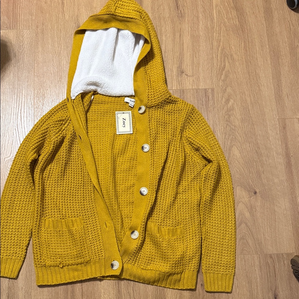 Cozy Hooded Knit Cardigan Sweater - Mustard Yellow